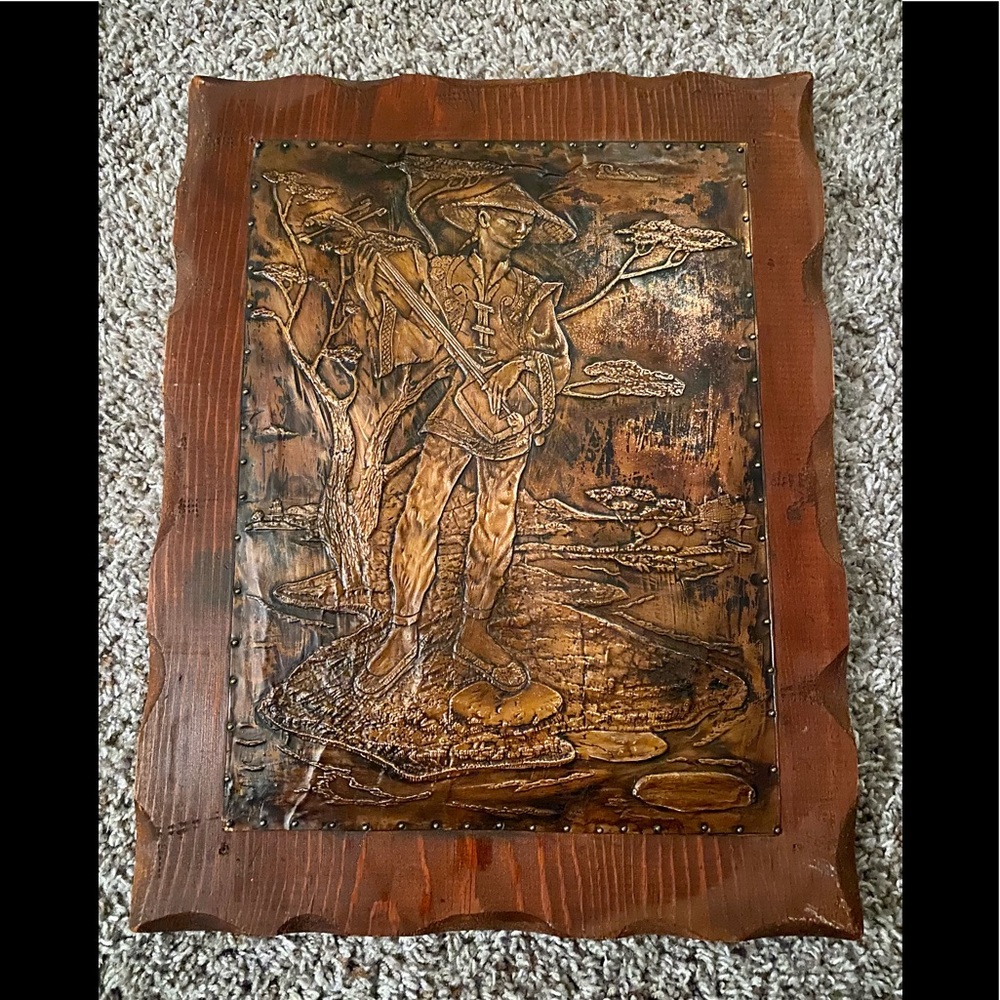EMBOSSED COPPER HAND TOOLED (WOOD BASE) ART VINTAGE ASIAN ARTWORK WALL HANGING
